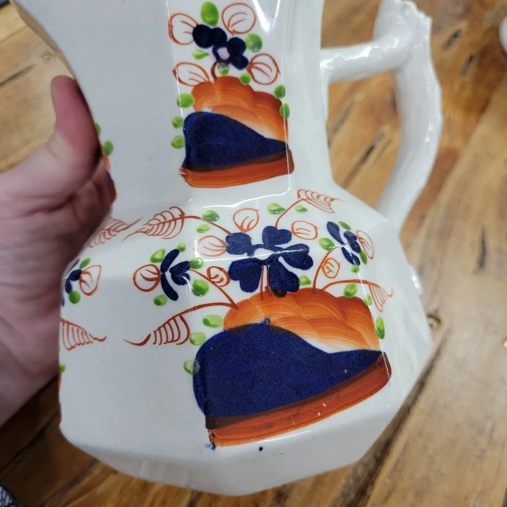Antique Pitcher Jug Octagon Shape Cobalt Blue Orange Green Ceramic Floral 8 Side